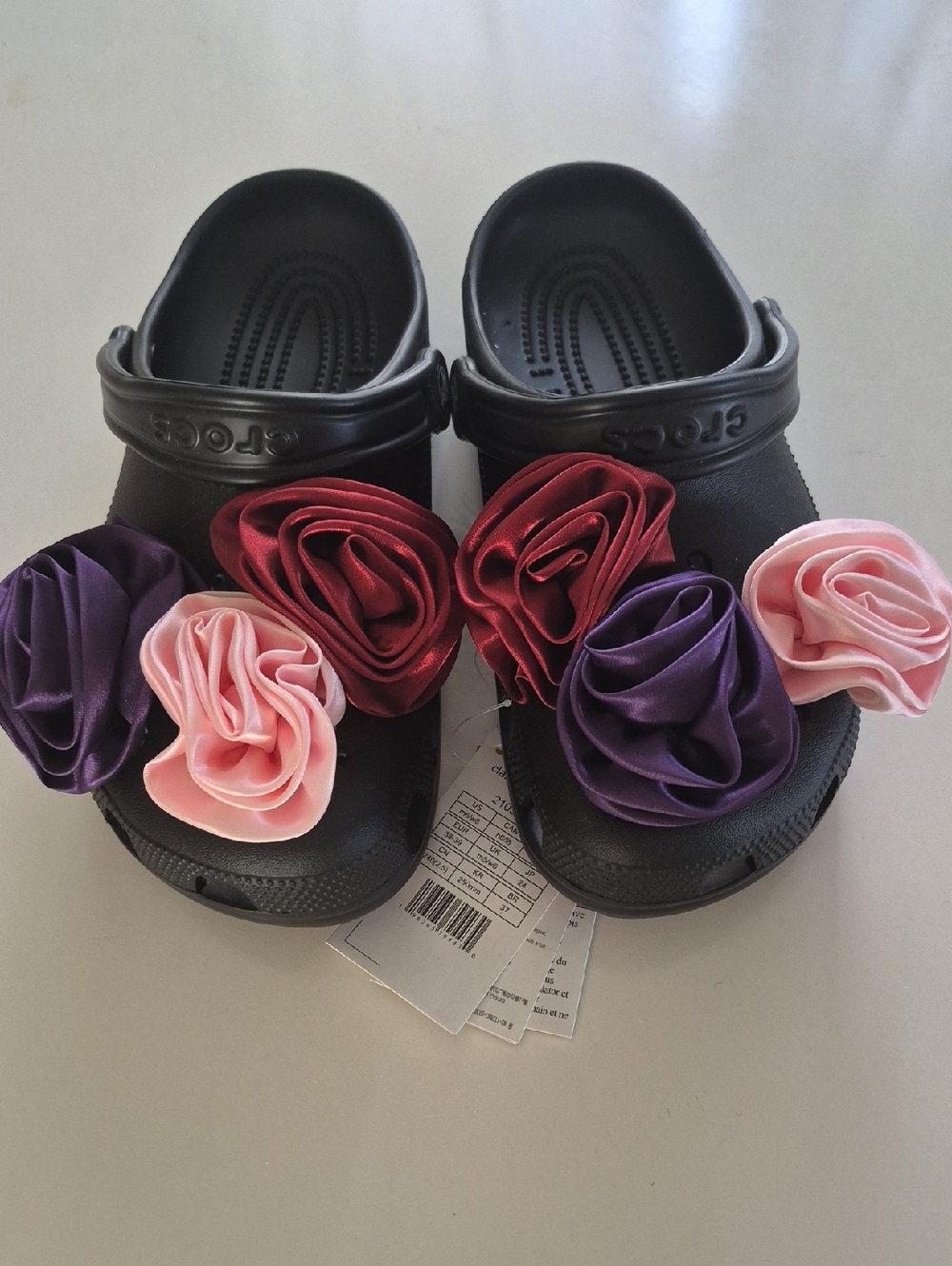 Black Crocs-Style Clogs with Pink, Purple & Red Flower Accents